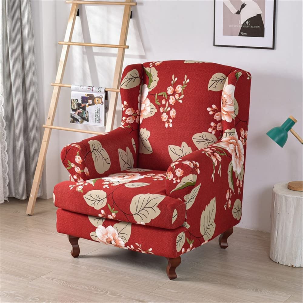 Highdi 2 Piece Stretch Wingback Chair Covers Wing Chair Slipcover Armchairs Covers Classic Printed Sofa Slipcover Spandex Furniture Protector for Living Room Bedroom Hotel (Luxury Red)