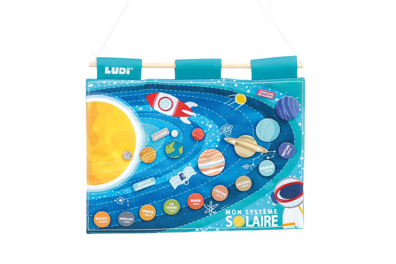 LUDI - Solar System Panel - Learn and Explore the Universe - From 5 Years Old - 21 Removable Elements, 1 Educational Sheet - Glow in the Dark Embroidery - Storage Pocket - 40 x 30 x 1 cm