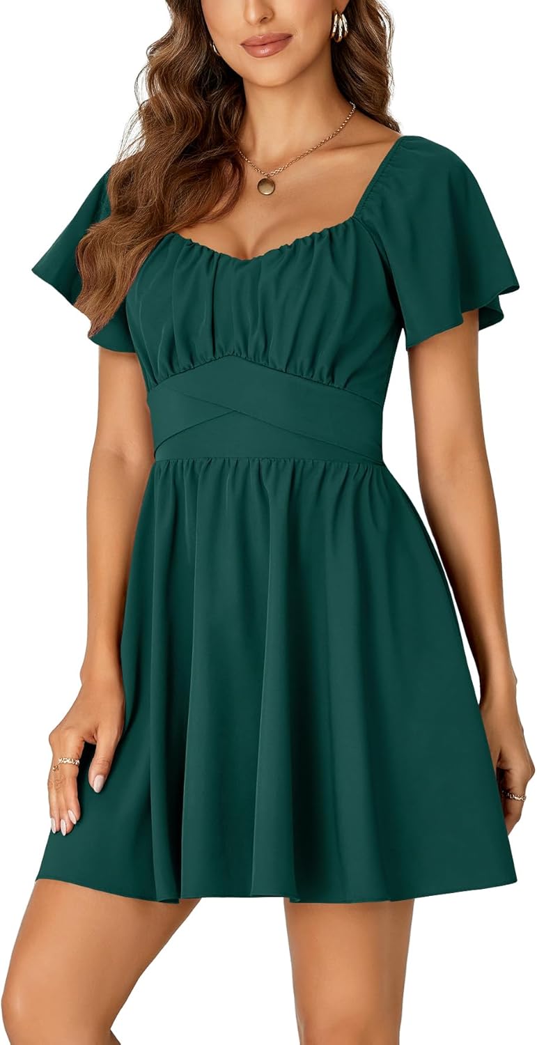Rooscier Women's Tie Back Square Neck Wrap Ruffle Short Sleeve Flare Mini Dress - Image 3