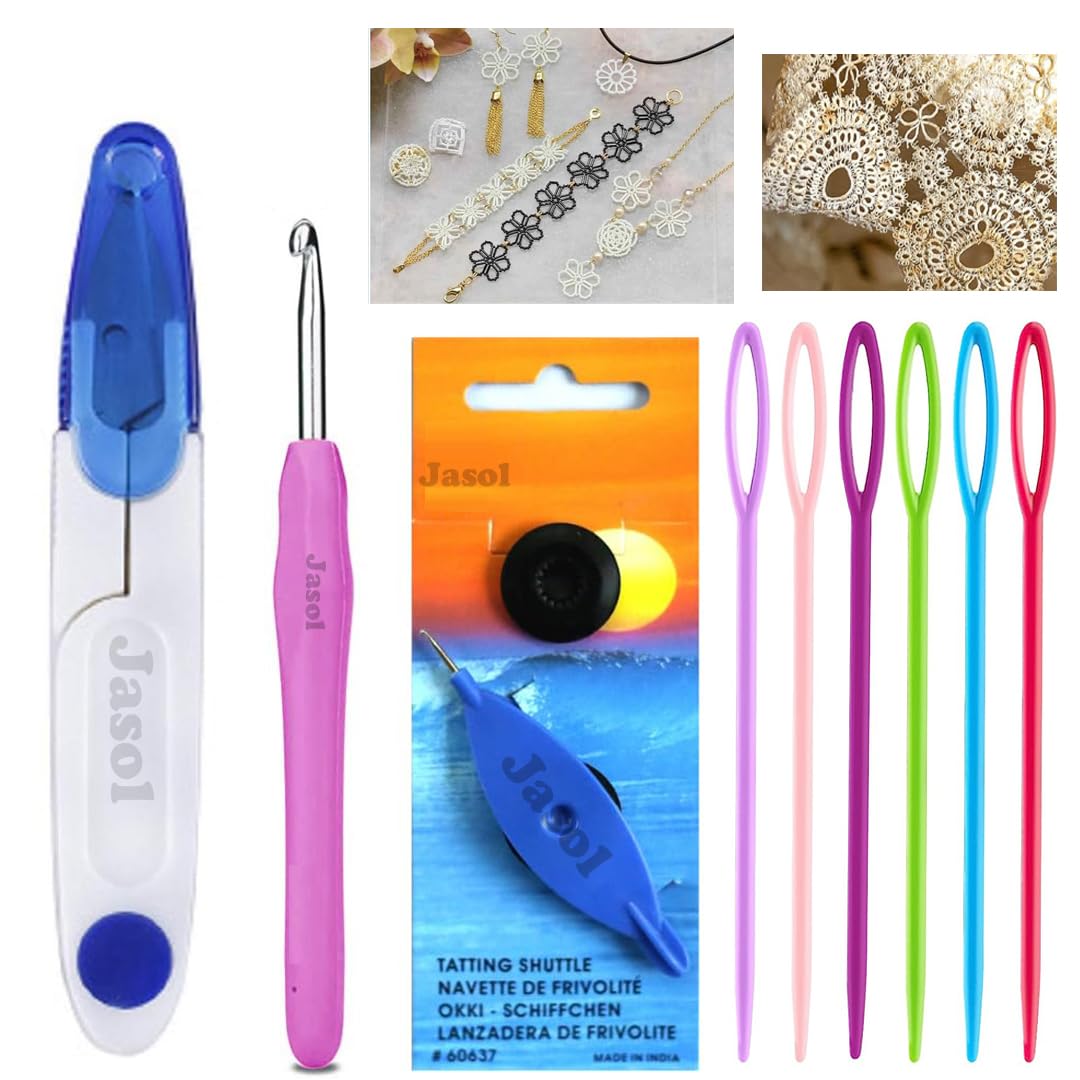 Tatting Shuttles Waving Knitting Sewing Shuttles Tools Kit with Thread Cutter Plastic Needle 1 Crochet Hooks for Crafts DIY (Mixed Color) Tatting Shuttle Kit