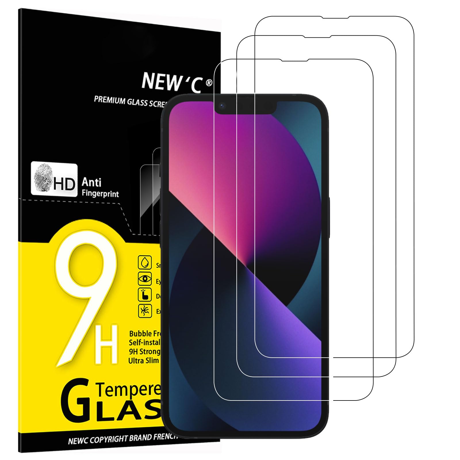 NEW'C 3 Pezzi, Vetro Temperato per iPhone 13 Mini (5,4 Pollici), Pellicola Prottetiva Anti Graffio, Anti-Impronte, Senza Bolle, Durezza 9H, 0,33mm Ultra Trasparente, Ultra Resistente