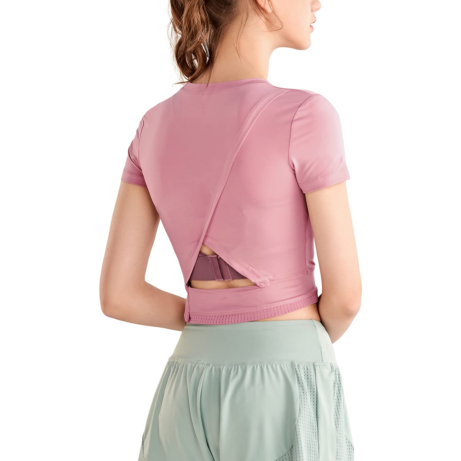 DREAM SLIM Women Short Sleeve Crop Tops Open Back Cross Yoga Athletic Shirts Gym Workout Basic Crop Tank Tops(Pink Short, S)