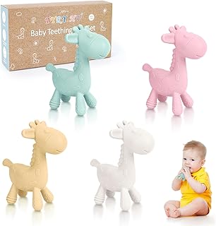 TYRY.HU Teething Ring Baby Silicone Teething Toy Cooling Teething Aid Giraffe Chew Toy Grasping Toy Sensory Cooling Deer Children Relief Teether 3 6 12 Months Gifts for Boys and Girls Pack of 4