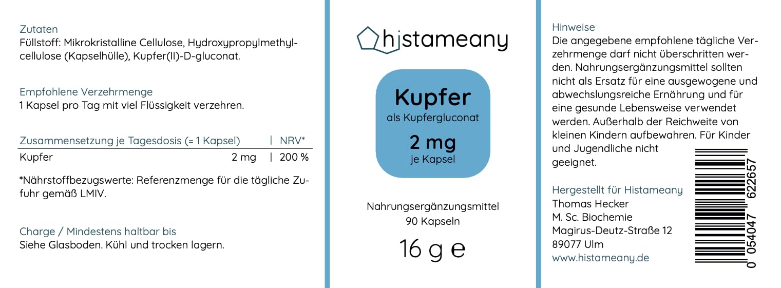 Kupfer ohne Zusatzstoffe, als Kupfergluconat, 120 Kapseln (26 g)