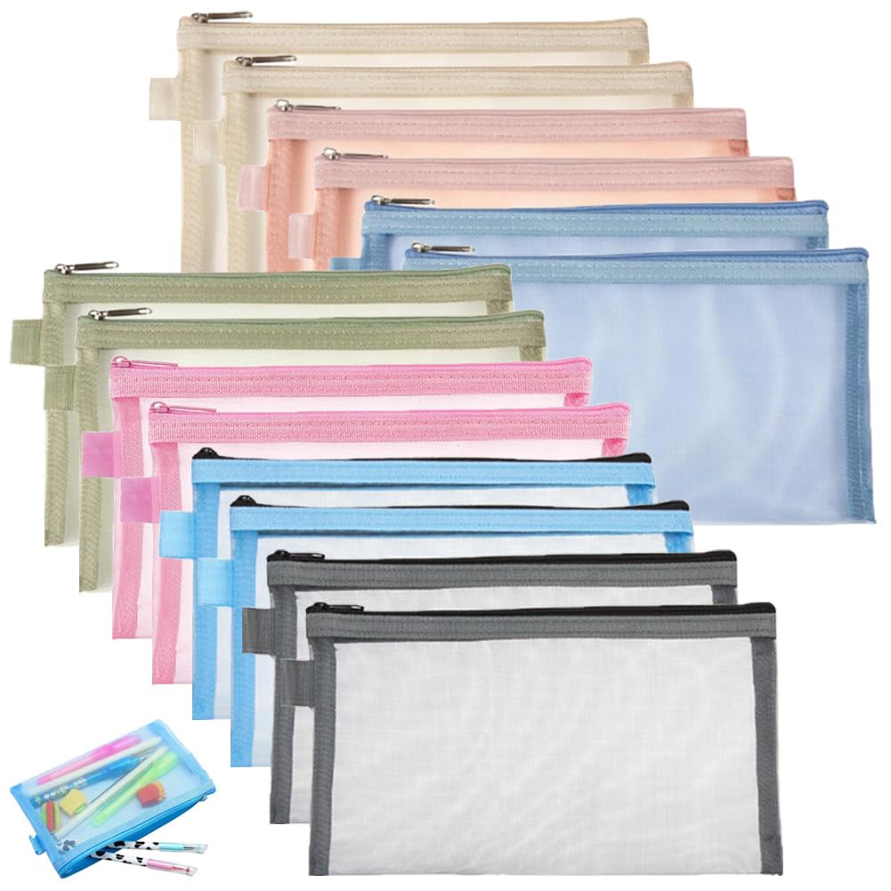 SAIJIAN 14 Piezas Estuche para Lápices Bolso de Lápices de Malla con Cremallera Bolsa de Almacenamiento de Papelería para Bolsas de Cosméticos Material de Oficina