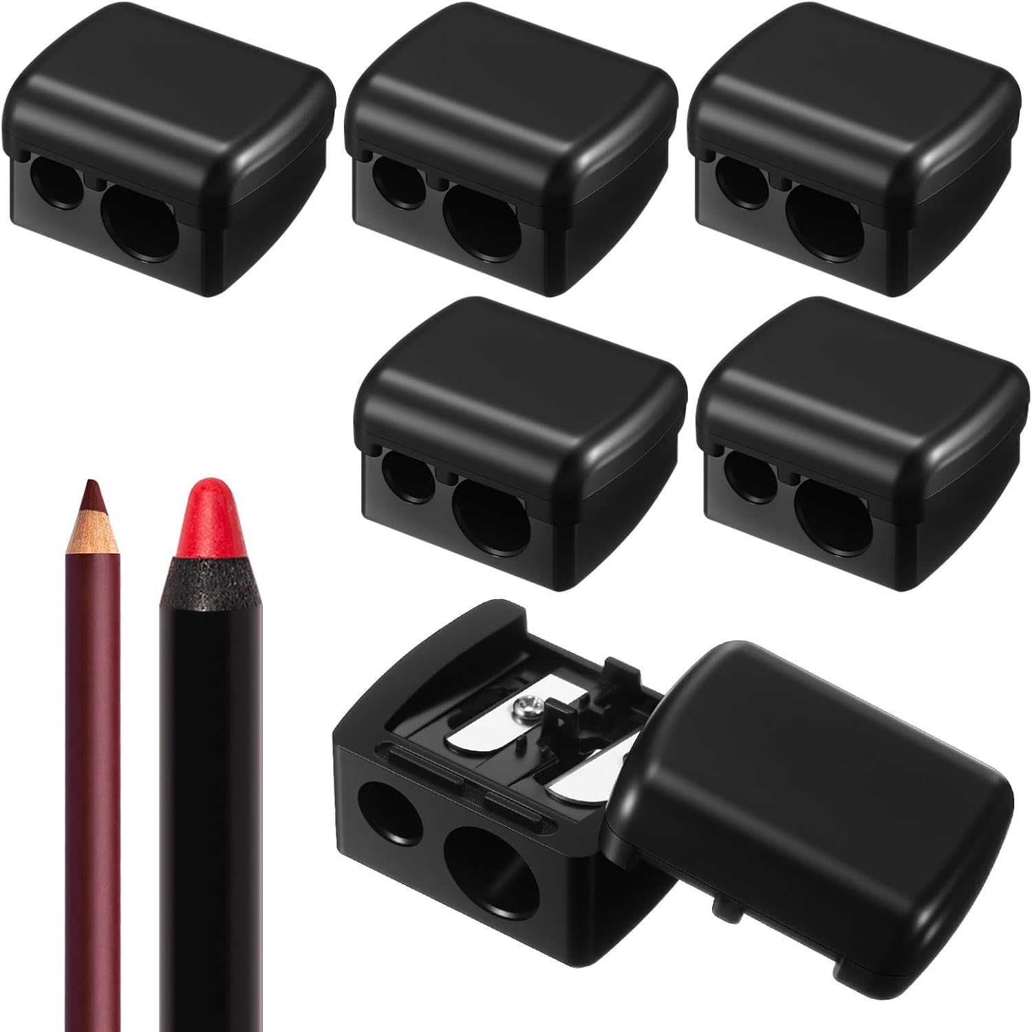 Faccito 6 Pcs Makeup Pencil Sharpener with Cover, Lip Liner Pencil Sharpener, Dual Hole Cosmetic Manual Tools for Eyeliner, Lip Liner, Eyebrow, Back to School Gifts for Classroom (Black)