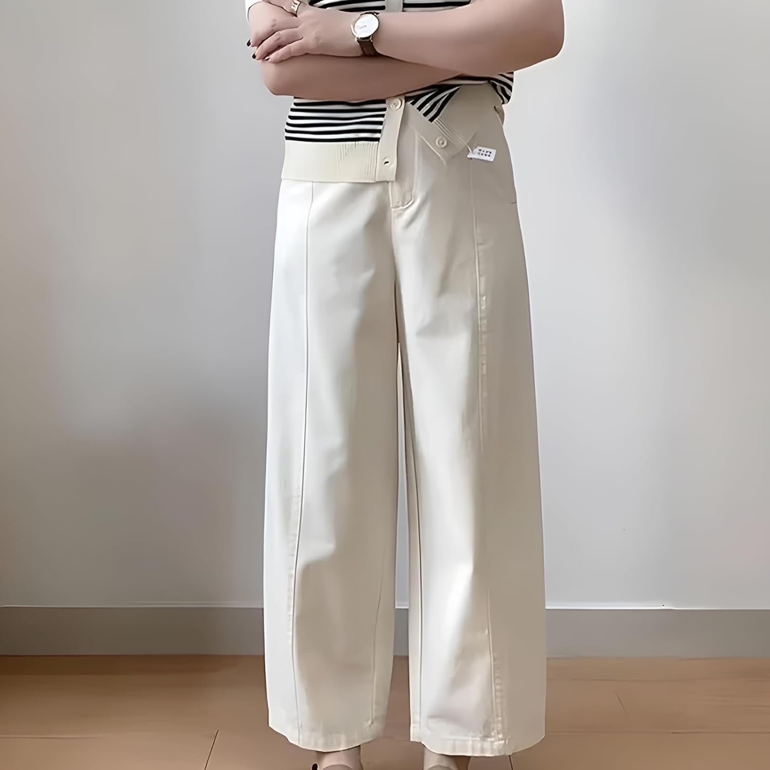 [Arklove] ワイドホワイトデニム 足首スッキルック ビッグサイズ対応ハーレンパンツ 太ももカバー設計 ストレッチデニムで毎日