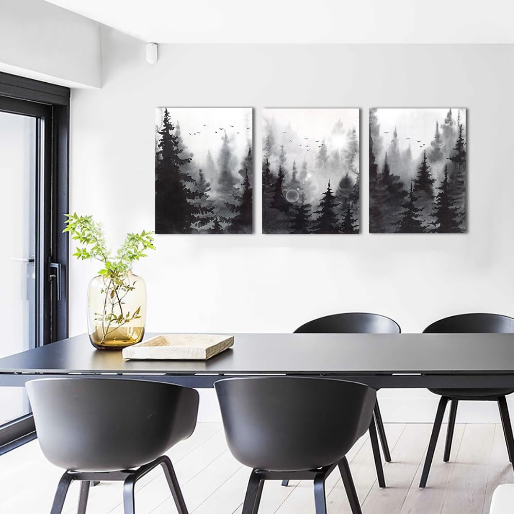 3-Piece Modern Abstract Art Prints, Black and White Forest Scenery, Canvas Wall Art for Living Room, Bedroom, Office, Home Wall Decor