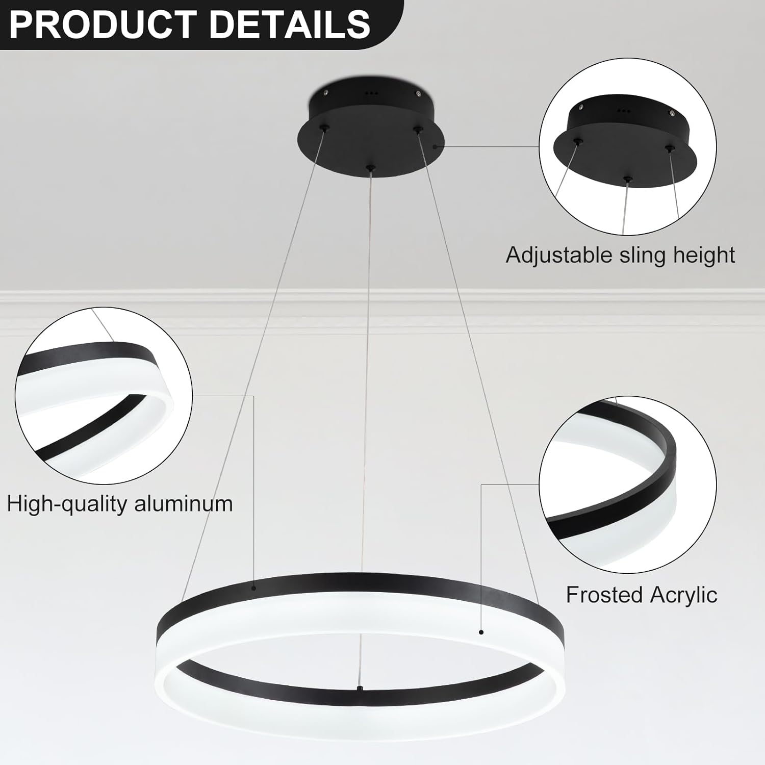 Buccleuch Modern LED Chandelier - Dimmable 19.7" Black Round Pendant Light, Height Adjustable UL-Certified Ceiling Light for Dining Room, Kitchen Island, Living Room, Bedroom, Foyer, 6500K