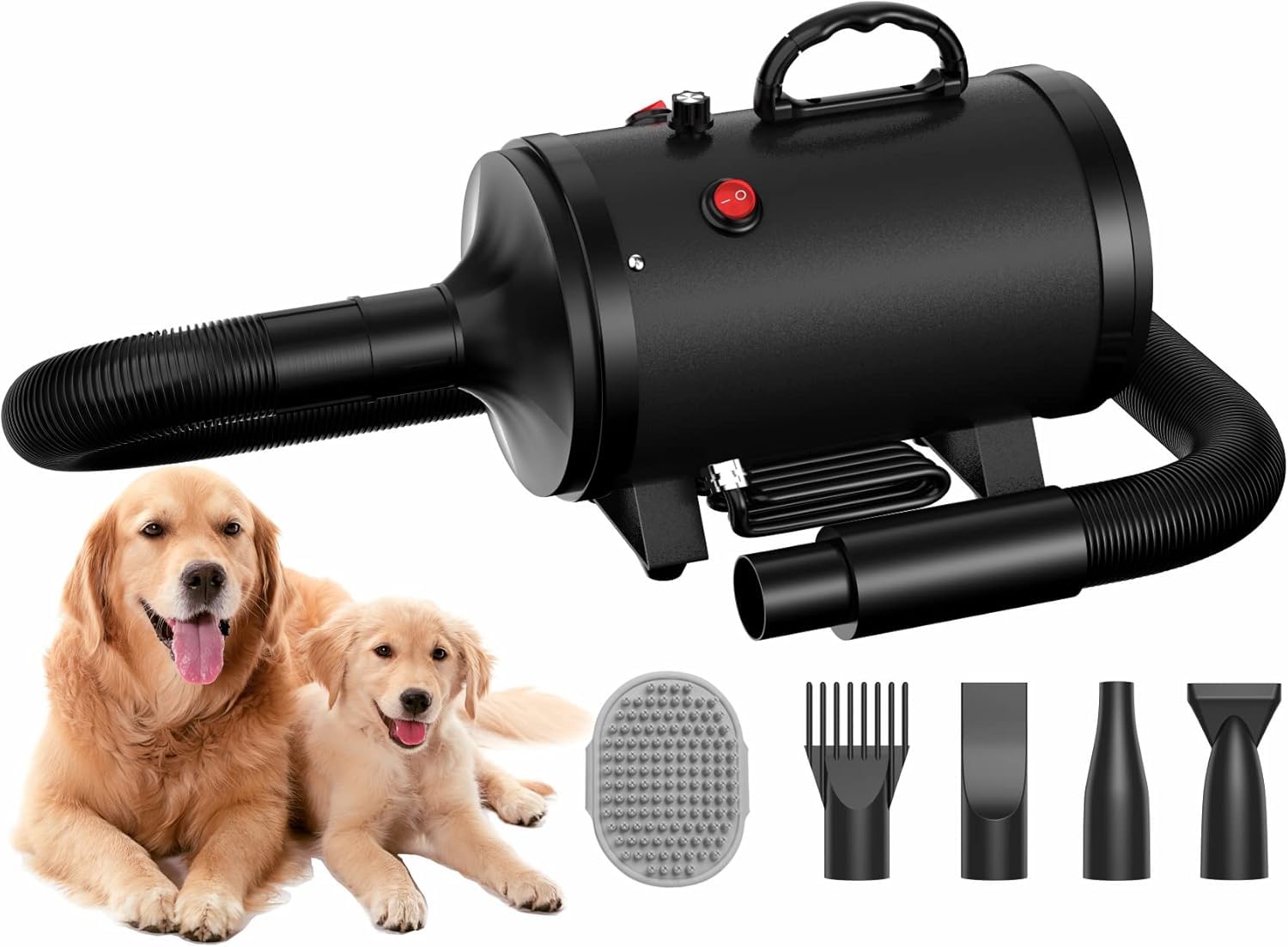 Blanlody Asciugacapelli per Cani Blower Molto Silenzioso, 4,5 CV/3200 W, velocità Regolabile, Ventilatore per la Cura del Cane con 4 Diversi ugelli, Tubo Elastico e Spazzola per la Cura