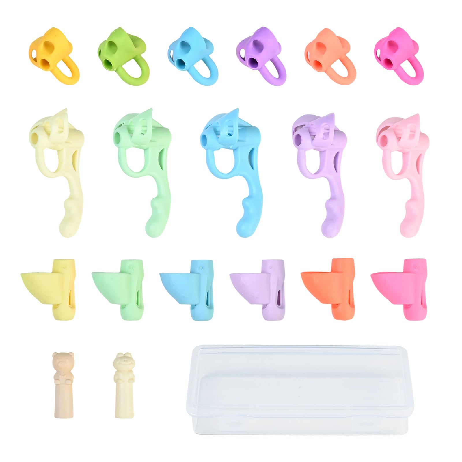 17 Pcs Pencil Grips for Children Handwriting, Soft Silicone 5 Fingers and 3 Finger Rings Pencil Grips for Kids Handwriting, Pen Grip for Children Adults with 1 19x9x3cm Clear Pen Box(Multi-Colour)