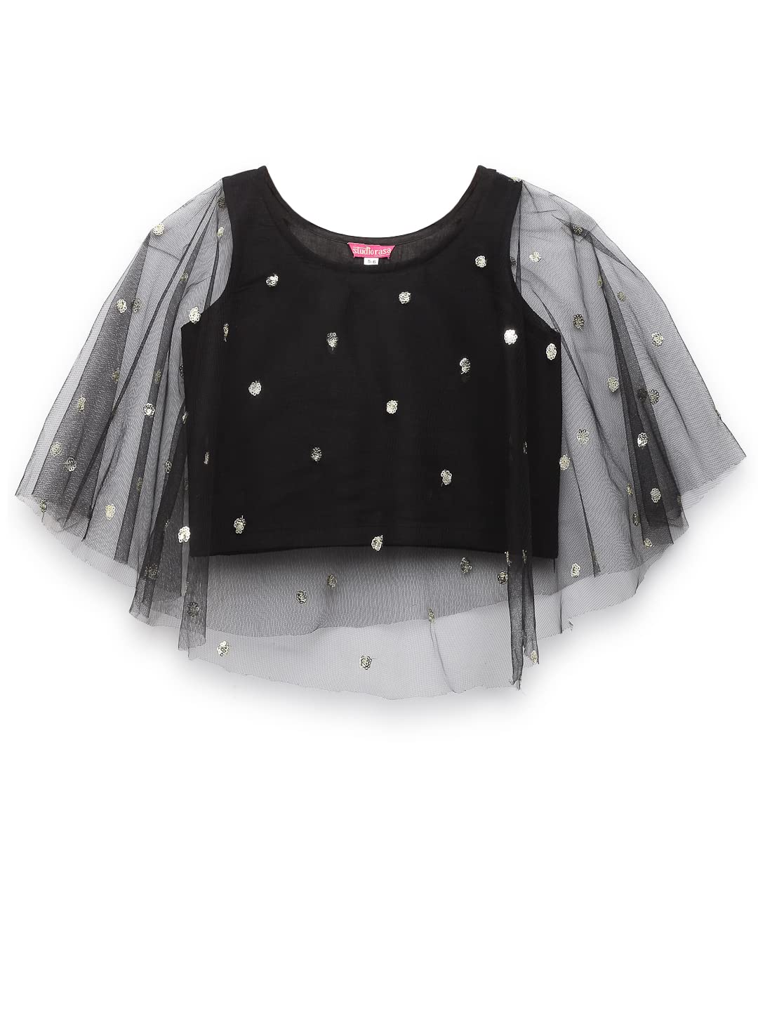 studio rasa Kids Girls Net Sequins Embroidered Cape Top for Festive Wedding (GTC12214/3-4_Black_3-4Y)-image-32