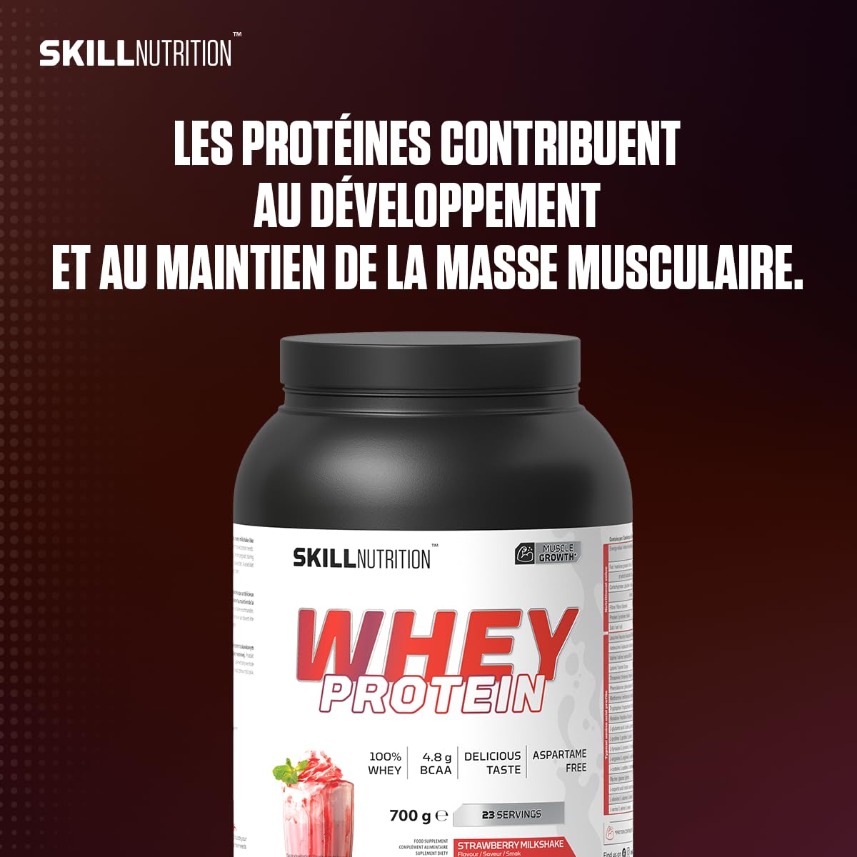 SKILL Nutrition Whey Protein | Protéine de Lactosérum | 23g Protéines par Portion | Haute Solubilité | Soutien Croissance Musculaire & Récupération | 2000g | Saveur Milkshake Fraise