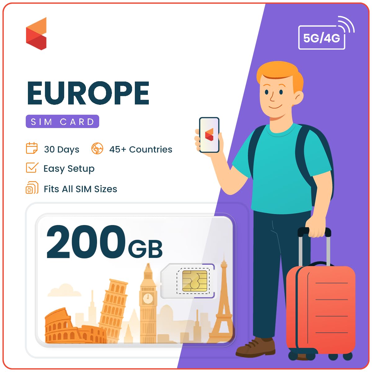 SimCorner Europe & UK Prepaid SIM Card - 200GB Data for 30 Days, No Daily Limit - Use in 50 Countries - Easy Activation, 3-in-1 SIM for Phones, iPads, & Tablets
