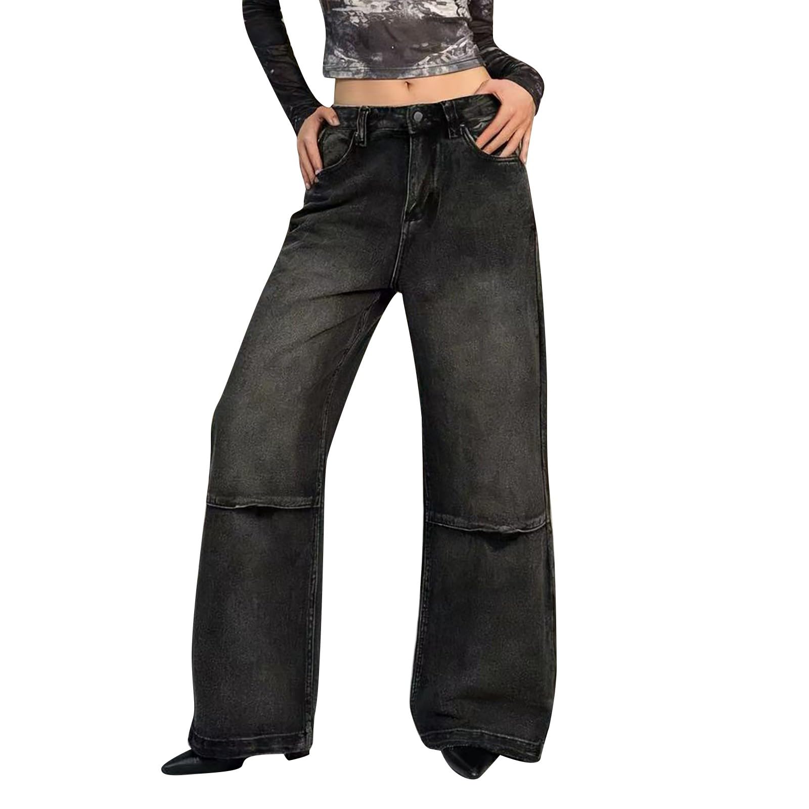 Jeans Donna Vita Alta Elasticizzati Jeans Baggy Casual Leggeri Pantaloni Elasticizzati Curvy Gamba Larga con Tasche Pantaloni Denim Vita Alta Larghi Comodi Palazzo Streetwear Taglie Forti Moda Hiphop