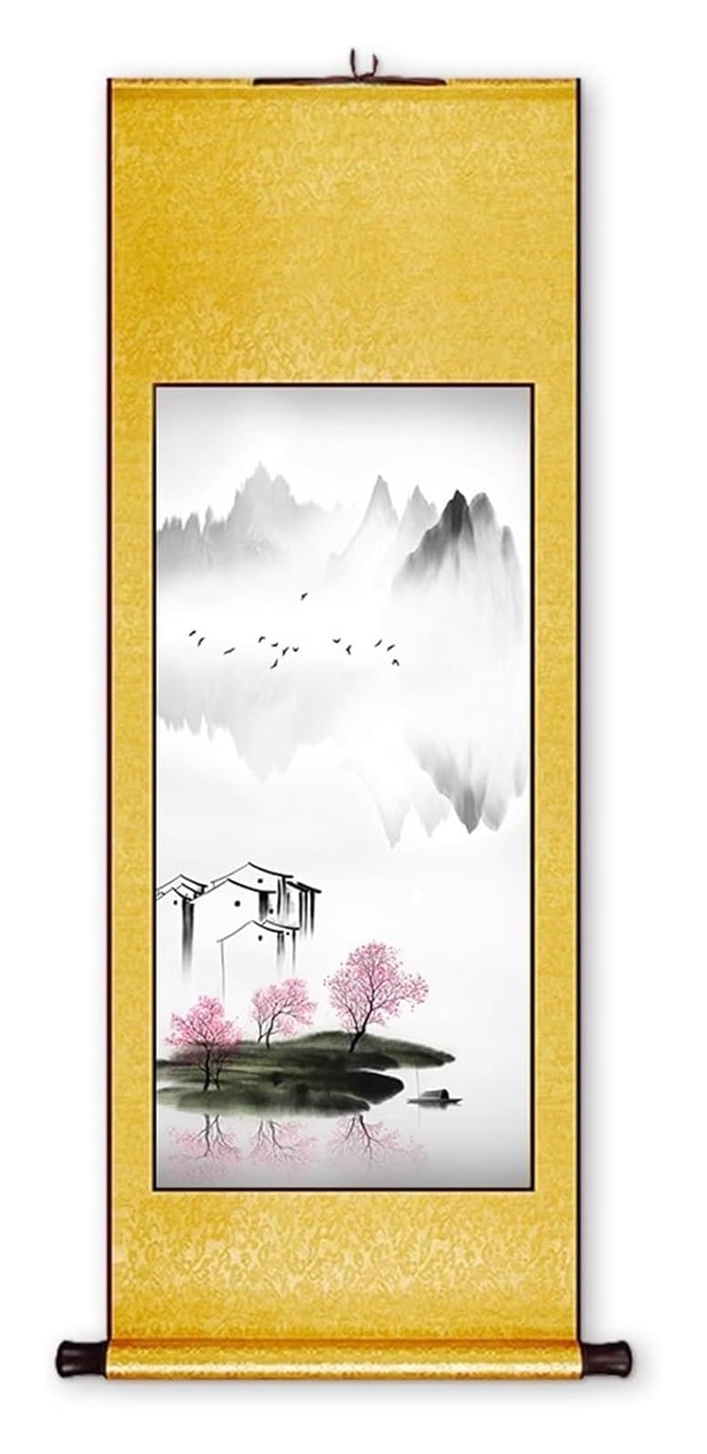 Artystyczne malowanie tuszem, klasyczny chiński krajobraz, dekoracja feng shui do jadalni, kolekcja prezentów na parapetówkę(Yellow G,40L x 119W cm)