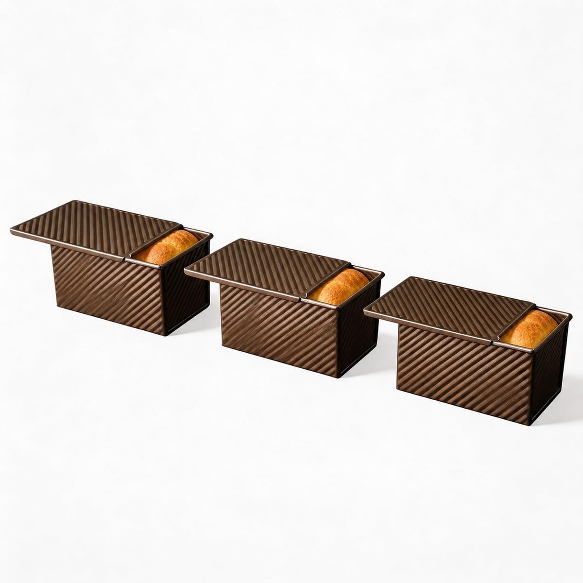 Baannaww 3PCS Pullman Loaf Tin with Lid 450g Thickened Non Stick Toast Bread Tin Corrugated Carbon Steel Bread Baking Pan Gold Loaf Mold for Sandwich Bread 21x10.7x11CM