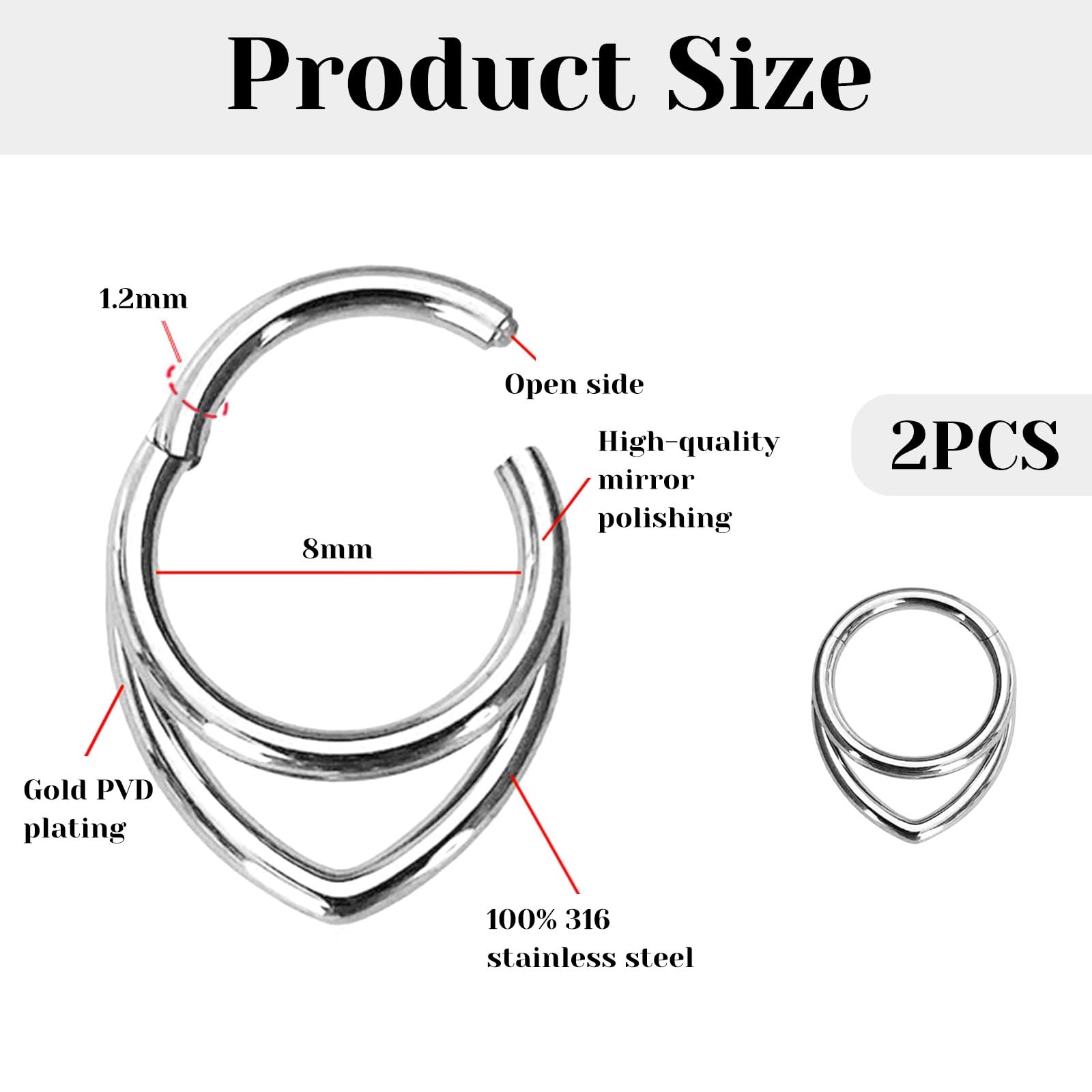 LunarCharm Set of 2 Stacked Septum Rings, 16G Hoops, 316L Stainless Steel, 12mm Hinged Septum Clicker, Nose Ring Piercing, Body Piercing Lip Rings — view 2