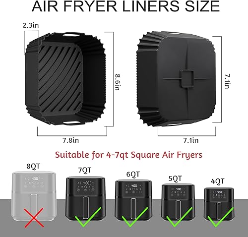 Miniatura 2 de Forros de silicona para freidora de aire, paquete de 2 forros cuadrados reutilizables, bandeja de silicona para hornear de 4 a 7Qt para freidora de