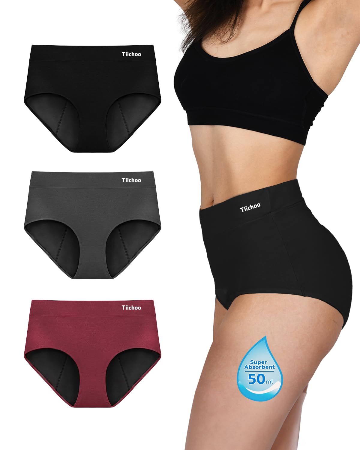 TIICHOO Bragas Menstruales Cintura Alta Flujo Abundante Rope Interior Mujer Regla Periodo Cómodo Respirable Absorbente y Lavable