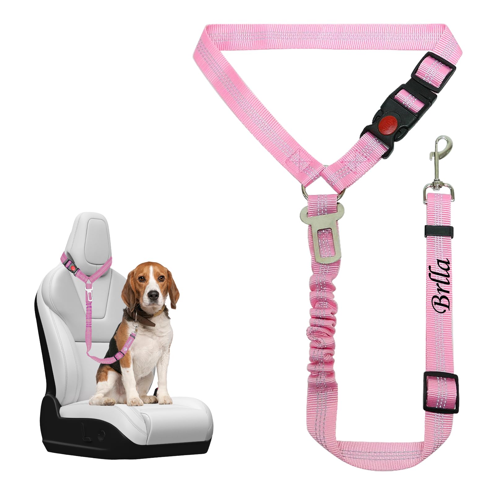 Personalized Dog Seat Belt for Car Embroidered Dogs Safety Belt with Name Car Seatbelt Leash Adjustable Length Reflective Dog Vehicle Accessory Nylon High Elasticity for Pets (Pink)