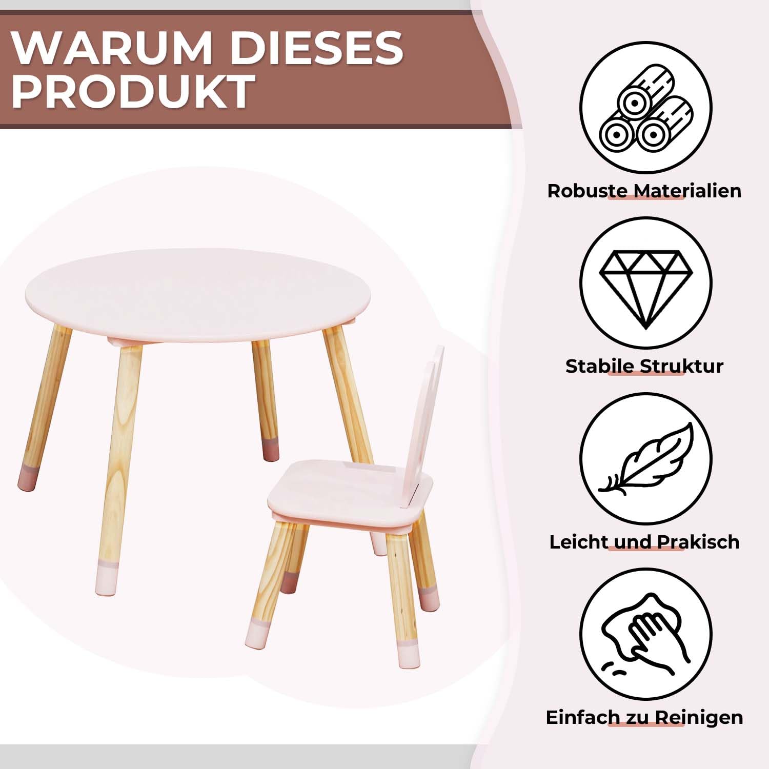 Rebecca Mobili Set mit Tisch und 2 Stühlen für Kinder, Tisch für Kinder mit Sitzen, rosa braun, MDF Kiefer, für Kindergarten – Maße: 44 x 60 x 60 cm / 50 x 28 x 25 cm – Art. RE7017