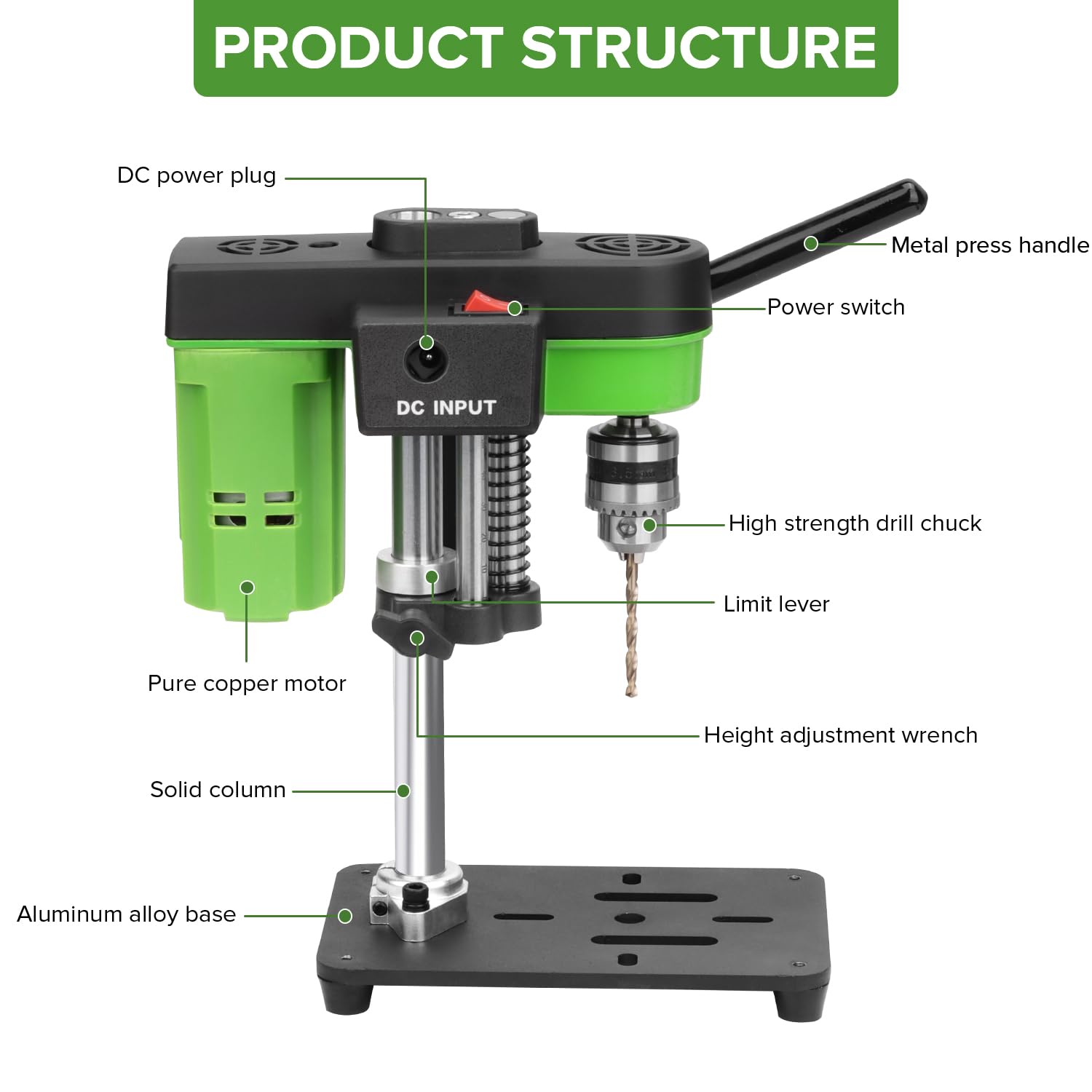 Mini taladro de banco, prensa de taladro de mesa pequeña, dos modos de fuente de alimentación, alta precisión y bajo ruido, máquina de perforación compacta de mesa, fabricación de joyas de bricolaje
