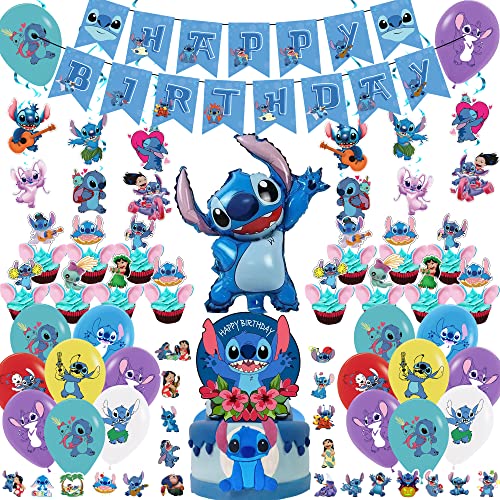 106 Pcs Lilo and Stitch Party Supplies, Lilo and Stitch Birthday Decorations Include Stitch Foil Balloon, Balloons, Cake Toppers, Birthday Banner, Stitch Stickers,Hanging Swirls for Kids