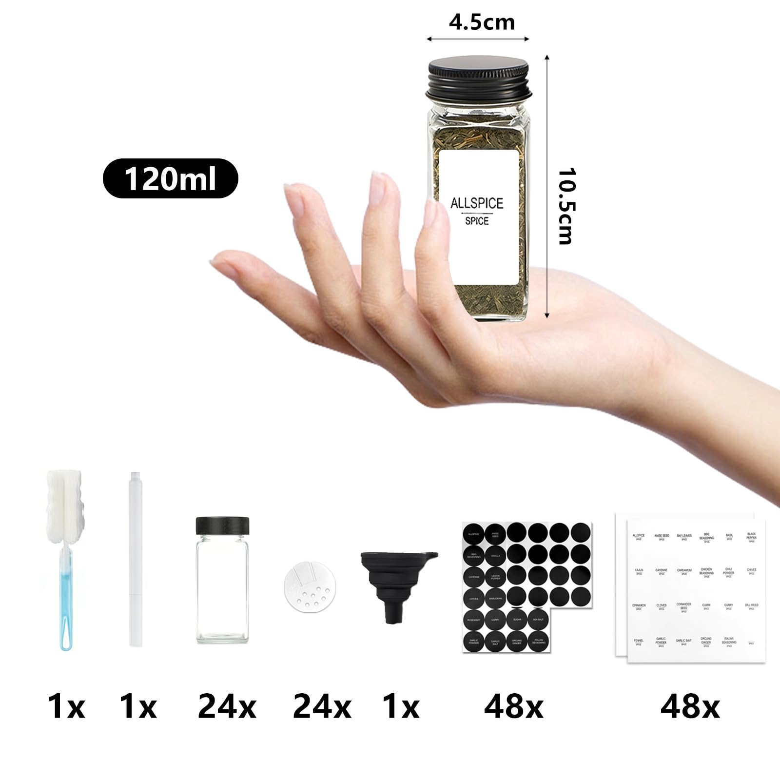 Set di 24 Barattoli per Spezie in Vetro Quadrati da 120ml, con Etichette, Coperchio Dispensatore, Imbuto – Portaspezie Organizzatore da Cucina, Barattoli Ermetici, Nero