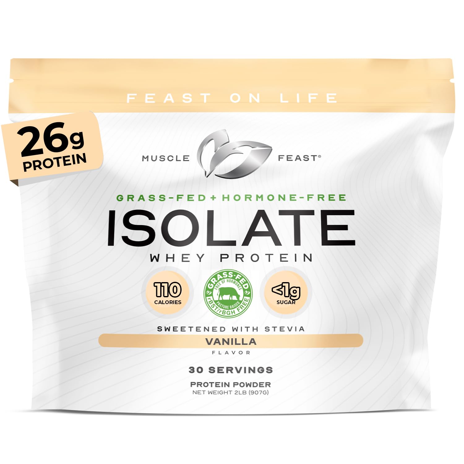 Grass-Fed Whey Protein Isolate, All Natural Hormone Free Pasture Raised, Vanilla, 2lb (37 Servings)