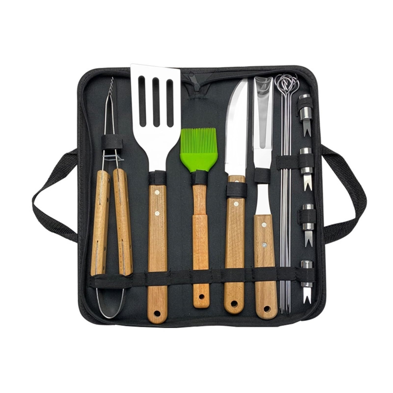 Generisch Outdoor-Camping-Grillbesteck-Set: Holzgabel, Schaufel, Clip, Grillzubehör, Stofftasche, Edelstahlgrill(16 in 1)