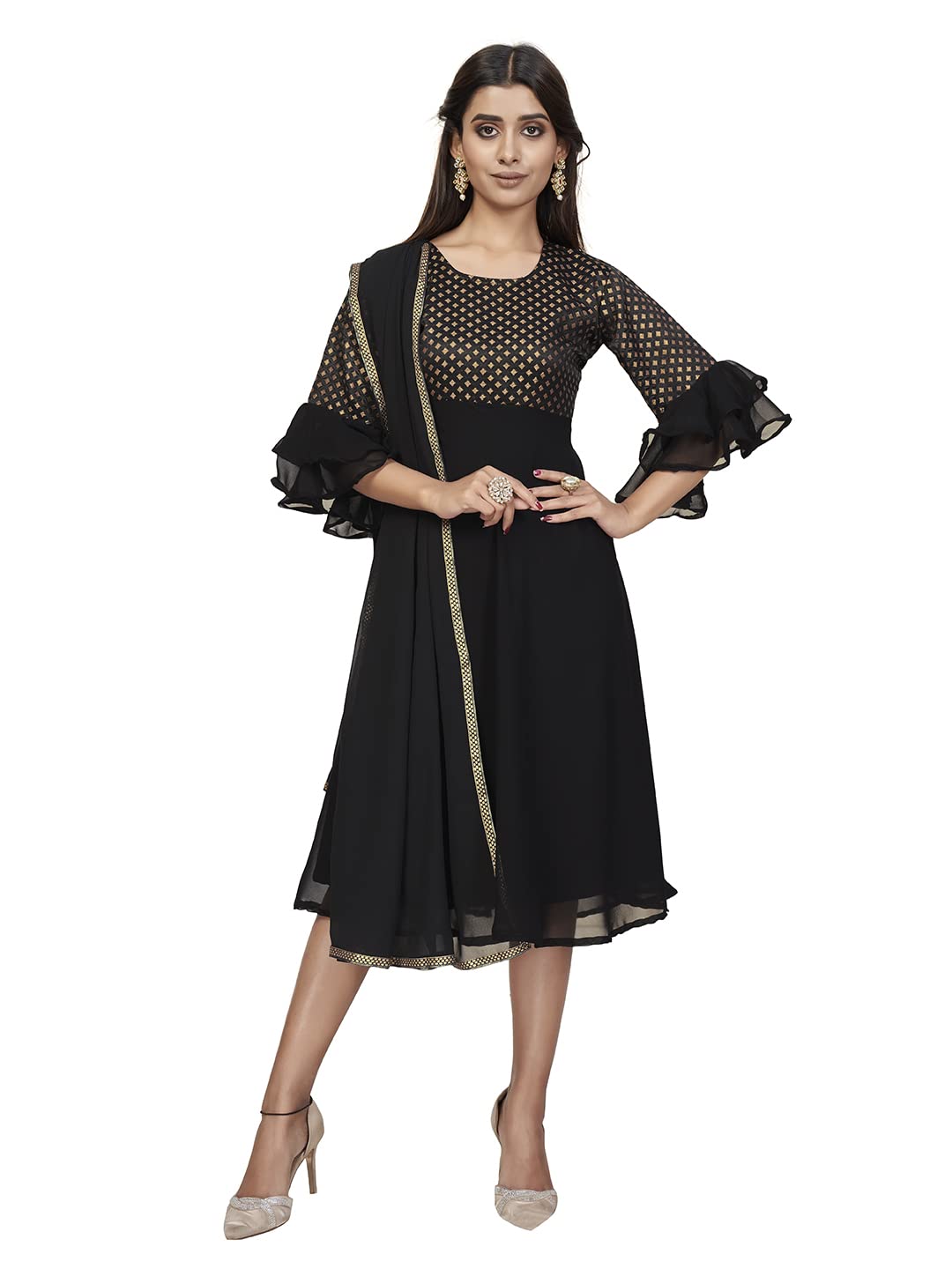 Apeiro Women Solid Georgette Anarkali Kurta with Attached Dupatta, Black, 42