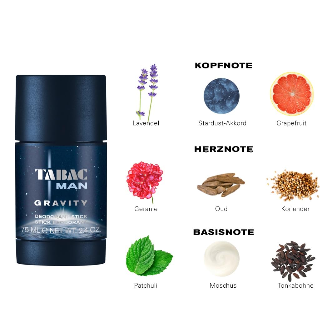 Tabac Man Gravity | Deodorant Stick - uzun ömürlü ve bakımlı tazelik hissi - vücut kokusuna karşı 24 saat güvenilir koruma | 75 ml
