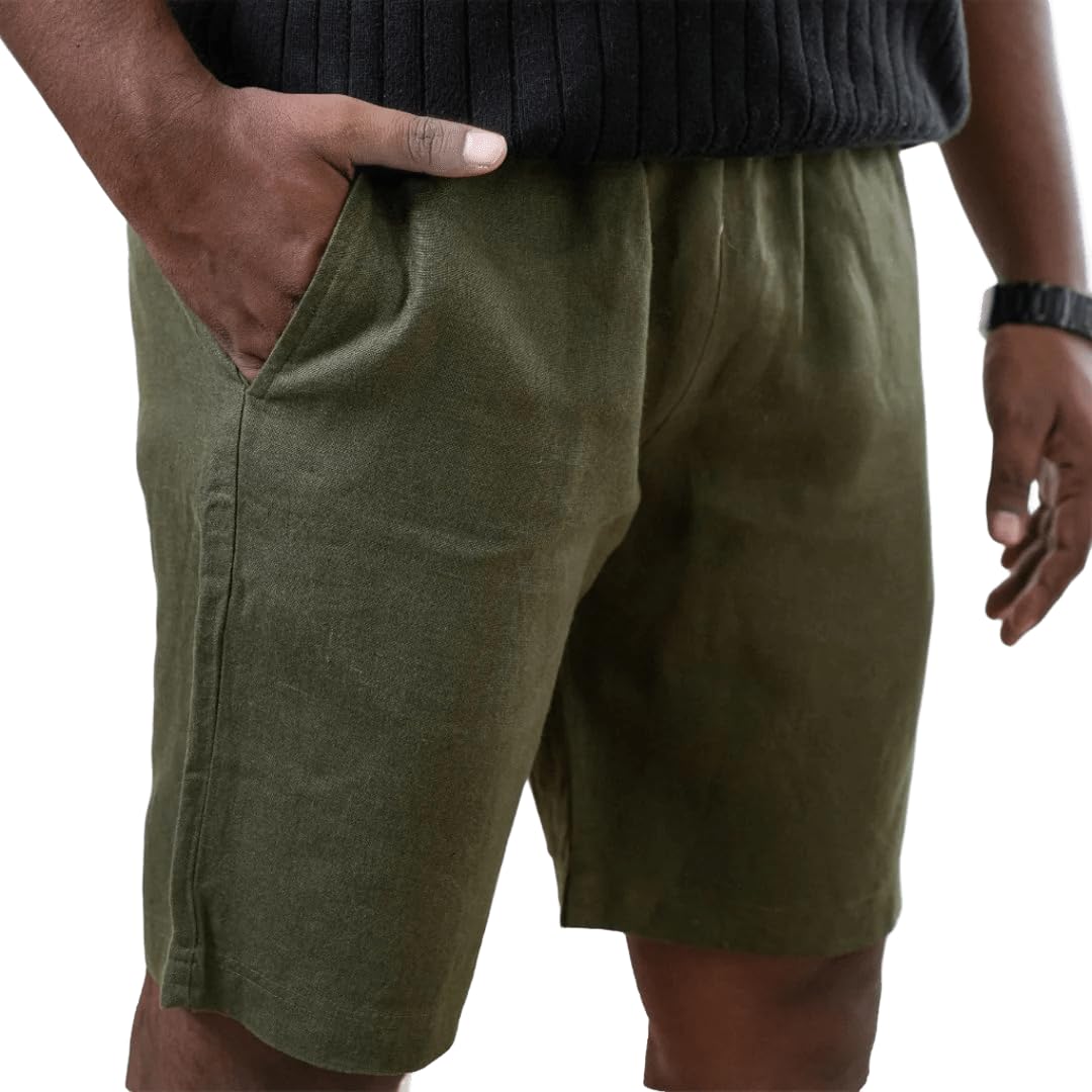 Pure Linen Shorts for Men | 250 GSM Premium Breathable Knee-Length Summer Shorts with Deep Pockets | 100% Natural Linen Comfort Fit-image-21