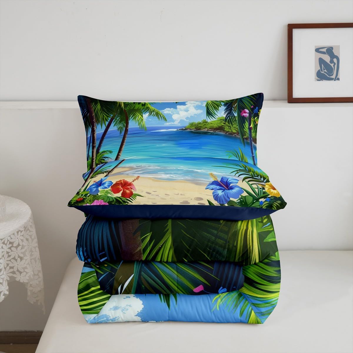 Erosebridal Coastal Beach Bedding Set Queen Tropical Hawaii Theme Comforter Set Blue Ocean Nautical Bedding Comforter Sets for Kids Boys Girls Room Decor,Green Palm Tree Plants Flowers Bed Set