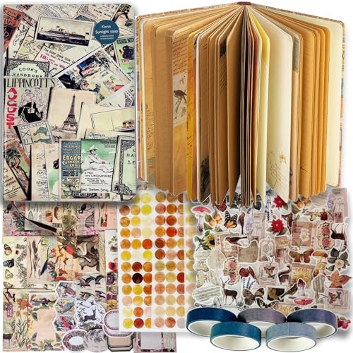 SaFeHoM 212 Pcs DIY Vintage Journal Set for Women Gifts Scrapbook Diary Supplies including Aesthetic Journals, Scrapbook Paper, Washi Stickers, Tape, Dot Stickers