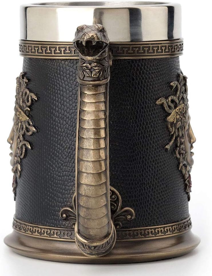Veronese Design 5.75 Inch Greek Roman Goddess Medusa Beer Stein Large Stainless Steel Tumbler Antique Bronze Finish Sculpture Tabletop Decorative Cup
