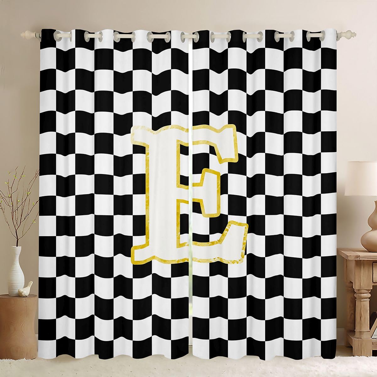 Rideaux de fenêtre pour enfants avec motif grille géométrique noir Scheckered