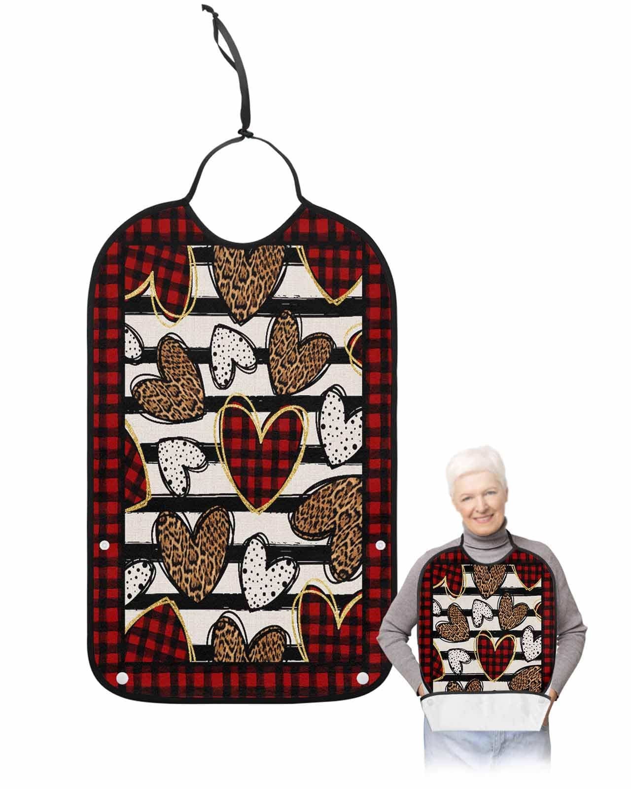 LEOKOTI Valentines Love Heart Adult Bibs for Eating, Waterproof Bibs with Food Catcher & Adjustable Snap Closure, Red Black Plaid Washable Clothing Protectors Adult Bibs for Elderly Women/Men