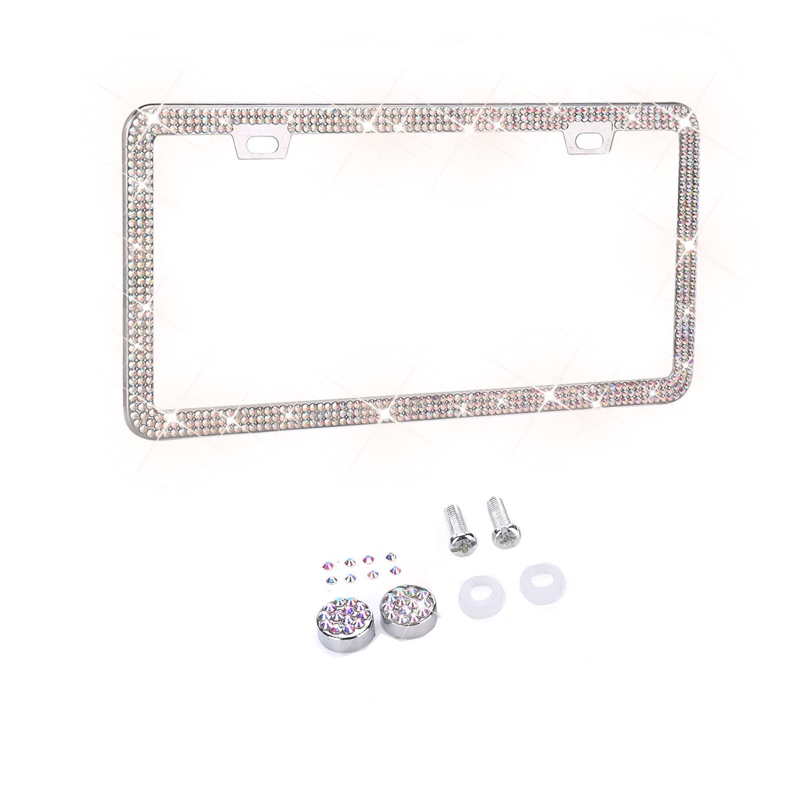 Bling License Plate Frame, Luxury Car License Plate Cover Frame with Handcrafted Galss Clear Rhineston, Premium Stainless Steel Frame with Screw Caps, Pack of 1