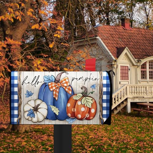 Image of Fall Hello Pumpkin Welcome Mailbox Cover Magnetic Standard Size 21 inch x 19 inch, Blue Autumn Thanksgiving Decorative Post Letter Box Wrap Decor, Plaid Farmhouse Rustic Garden Yard Outdoor Decoration