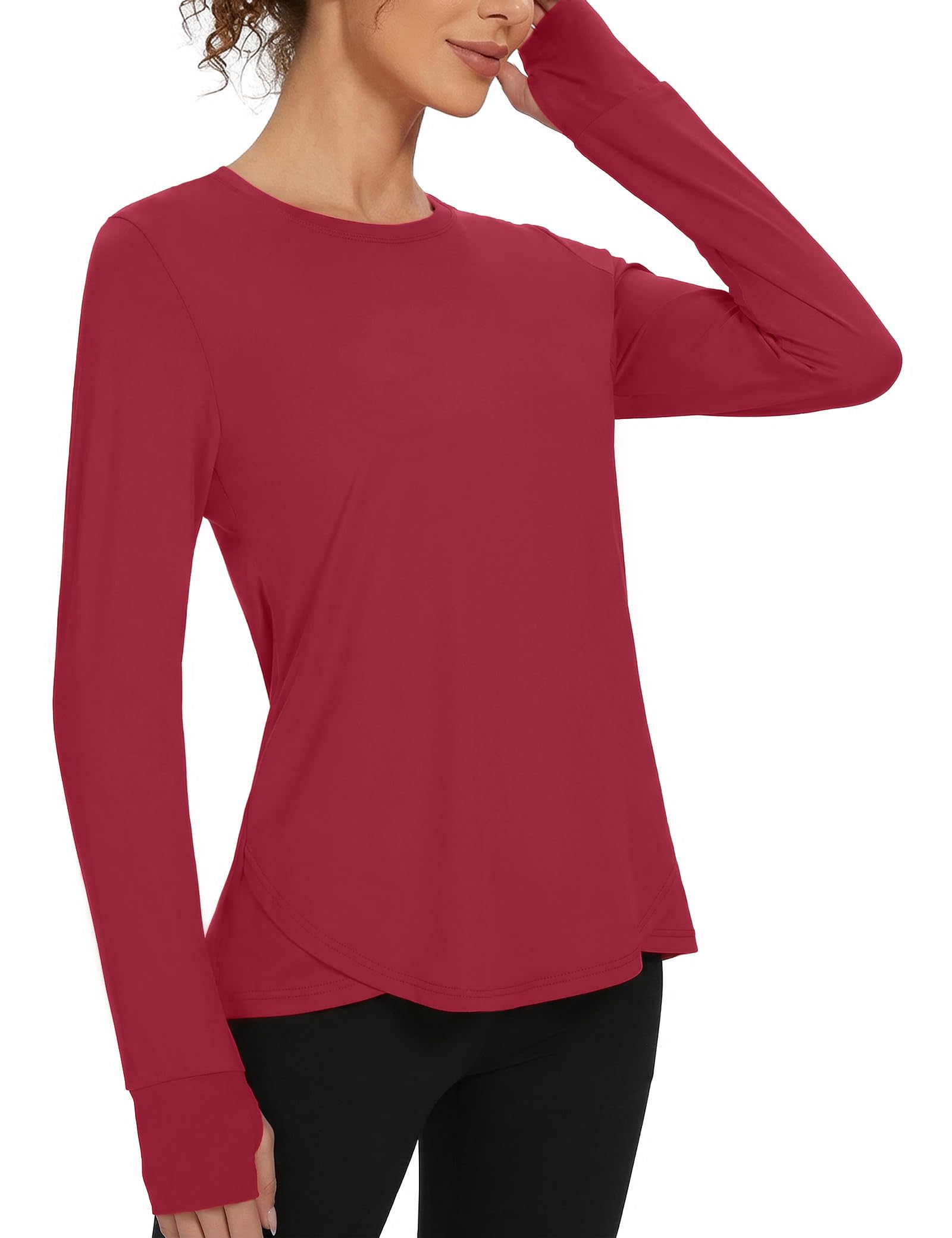 Gyabnw Damen Langarm Sport Top Rundhals Fitness Shirt mit UV-Schutz Atmungsaktiv Schnelltrocknend Ideal für Yoga Wandern Workout