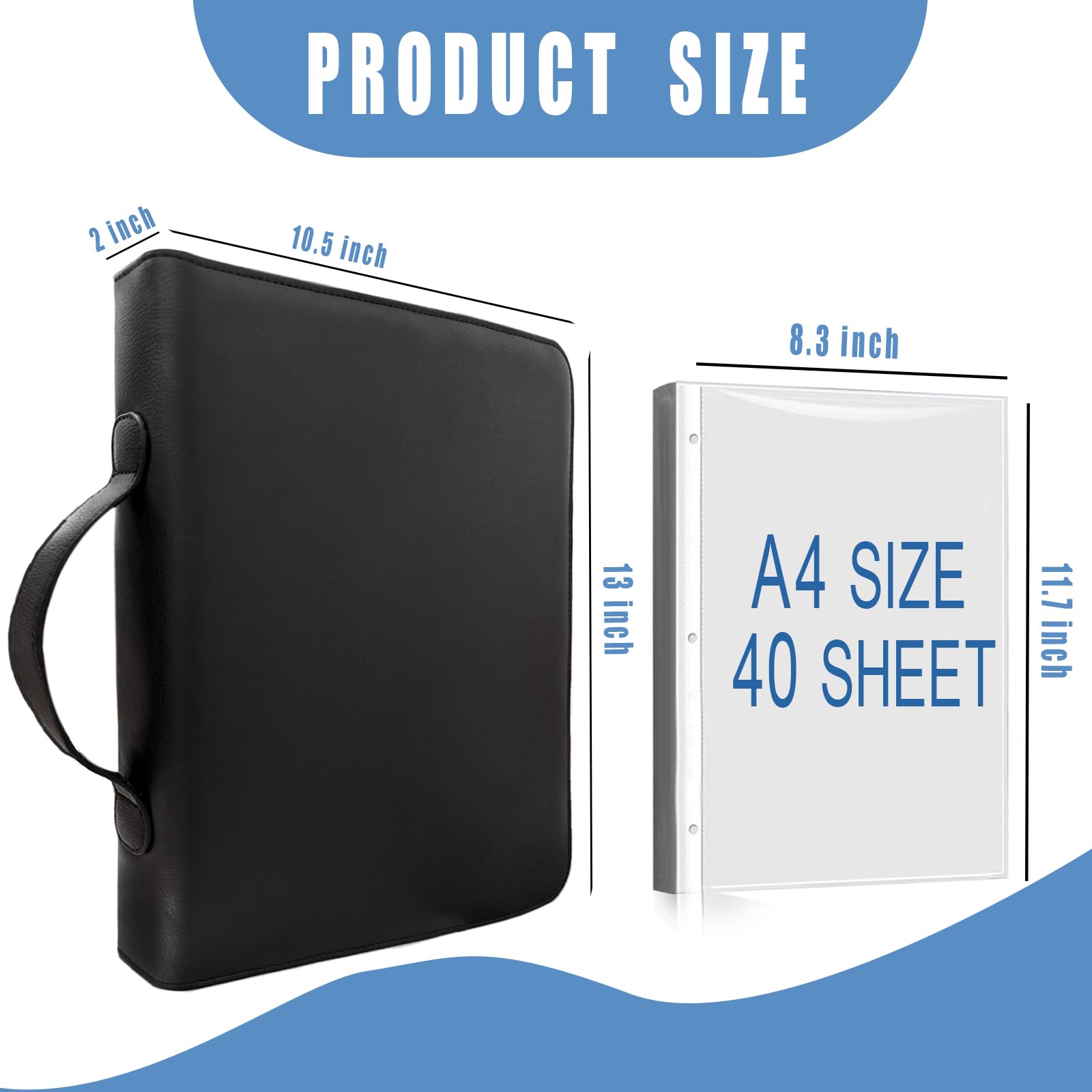 Carpeta con fundas de plástico, 40 bolsillos para carta/A4 (11 x 8.5 pulgadas), organizador de 3 anillos con asa, carpeta de arte resistente con páginas divisoras de polipropileno para obras de arte