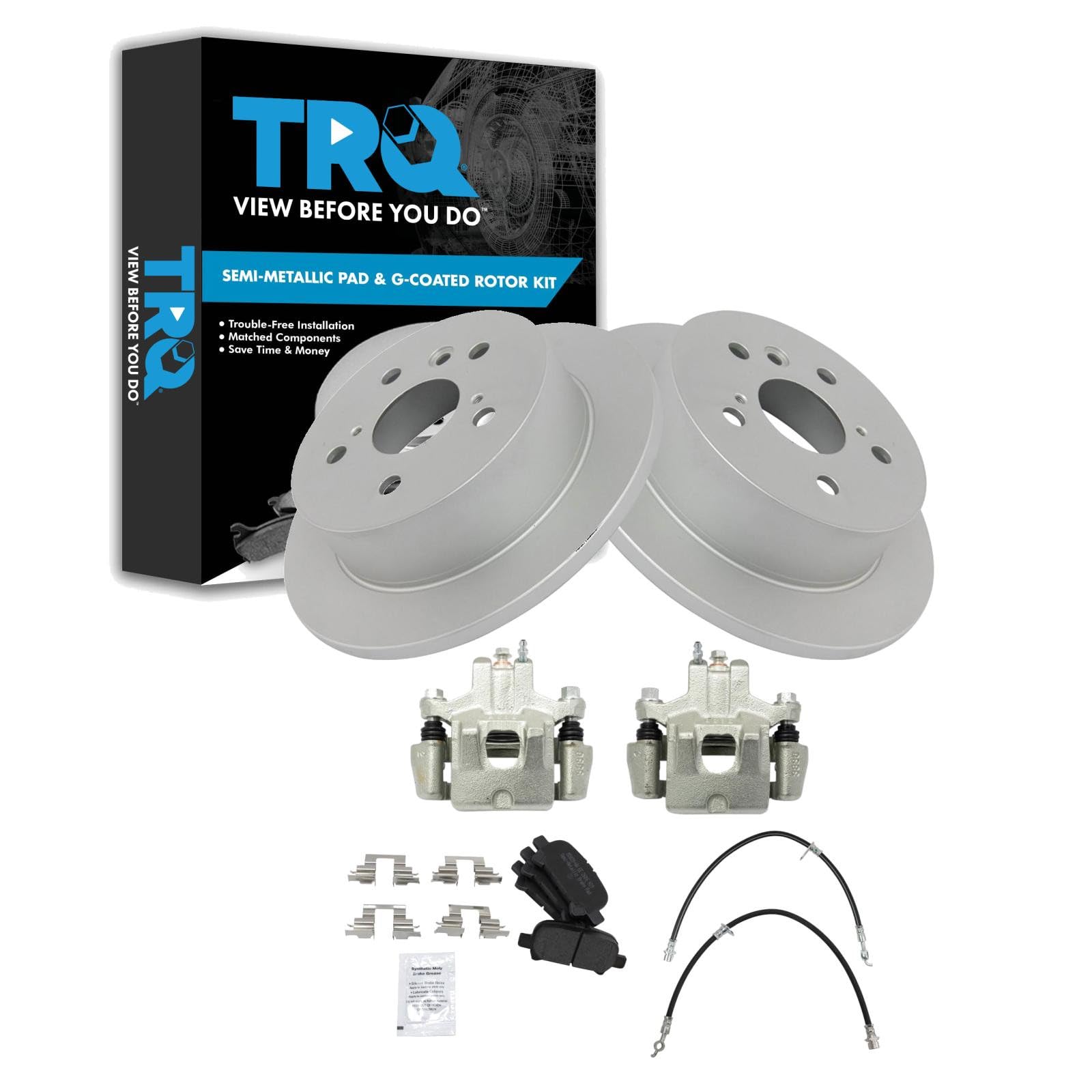 TRQ Rear Brake Pad and Rotor Set Semi Metallic Coated Rotors Calipers Compatible with 2006-2007 Toyota Avalon 2006-2008 Solara