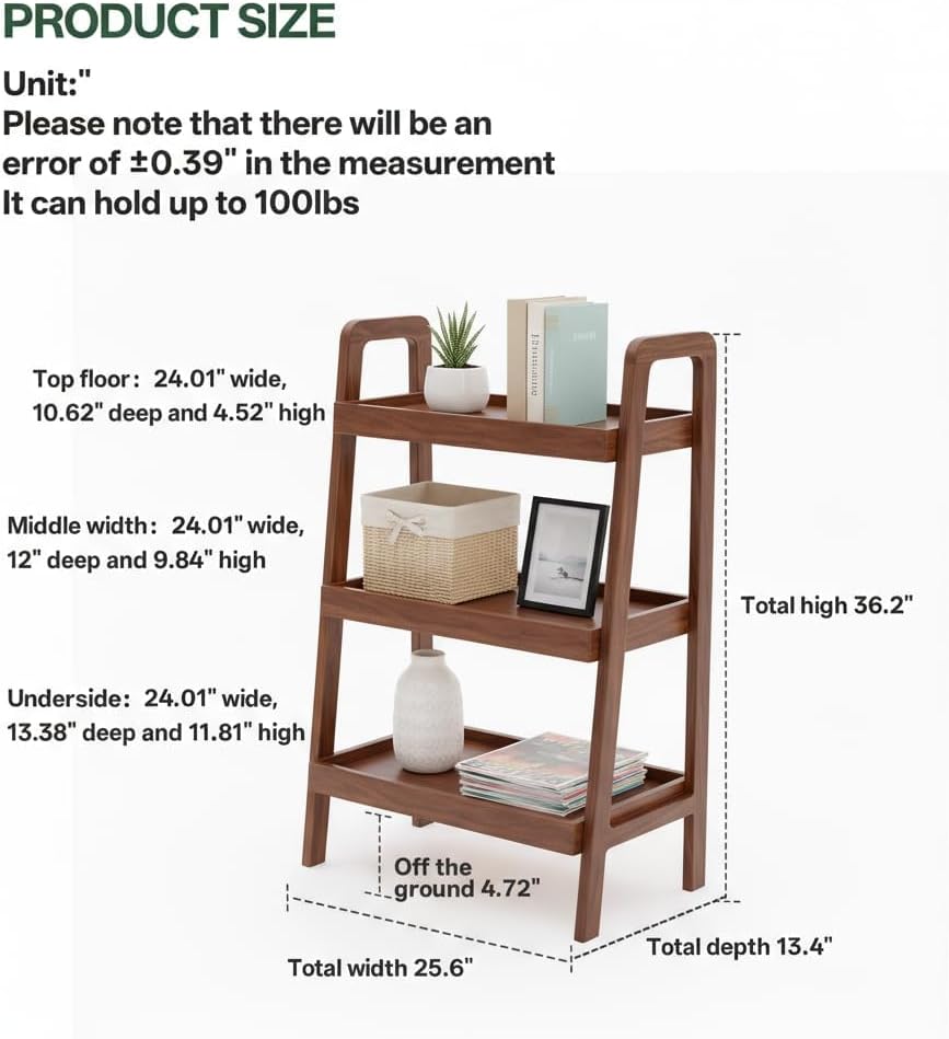 100% Solid Oak 3 Tier Ladder Shelf for Saving Space, Small Bookshelf with Stable Frame, Free Standing Ladder Shelves for Living Room Bedroom Couch, (Walnut, 25.6" W x 13.4" L x 36.2" H)