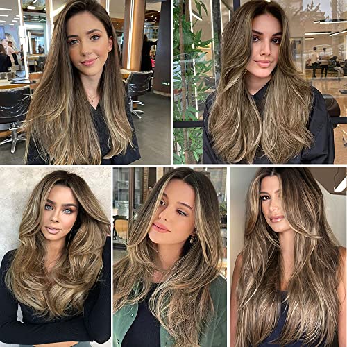 Hair Extensions Clip in 4pcs Brown with Blonde Highlights Synthetic Hair Extension Long Straight Thick Full Head Wavy Hair Pieces for Women - Image 4