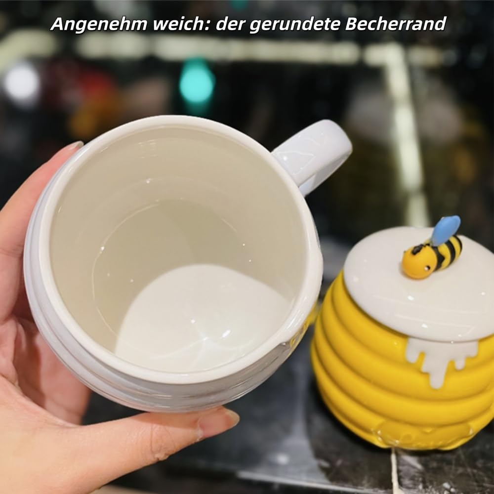Kubek do kawy pszczół, 400 ml, z pokrywką i łyżeczką, słodki kubek ceramiczny z motywem pszczół, do kawy, kakao, herbaty dla kobiet i dziewcząt (zestaw 4 szt., różowy)