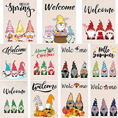 CDLong Gnome Seasonal Garden Flag Set of 11-Vertical Double Sided 12.5 x 18 Inch Yard Flag,Spring Welcome Easter Rustic Flag for Indoor Outdoor Holiday Decorations