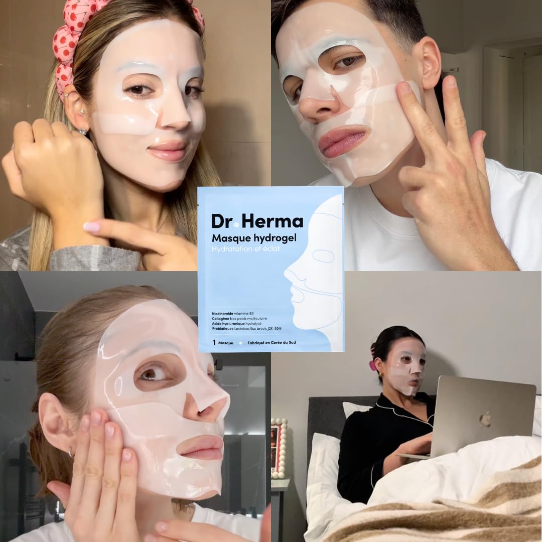 Dr. Herma Hydrogel Mask (12 Stück) - Koreanische Gesichtsmaske für Frauen mit Hyaluronsäure, Kollagen, hypoallergener - feuchtigkeitsspendende, Porenverfeinerung, Anti Aging Maske für Alle Hauttypen