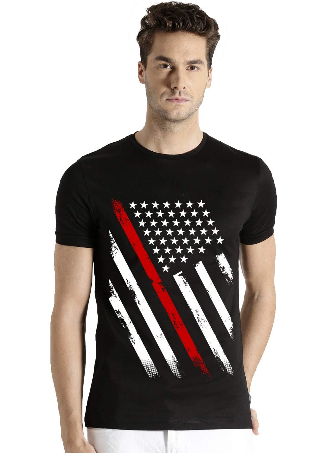 ADROMen's Regular Fit USA Flag Printed Cotton T-Shirt